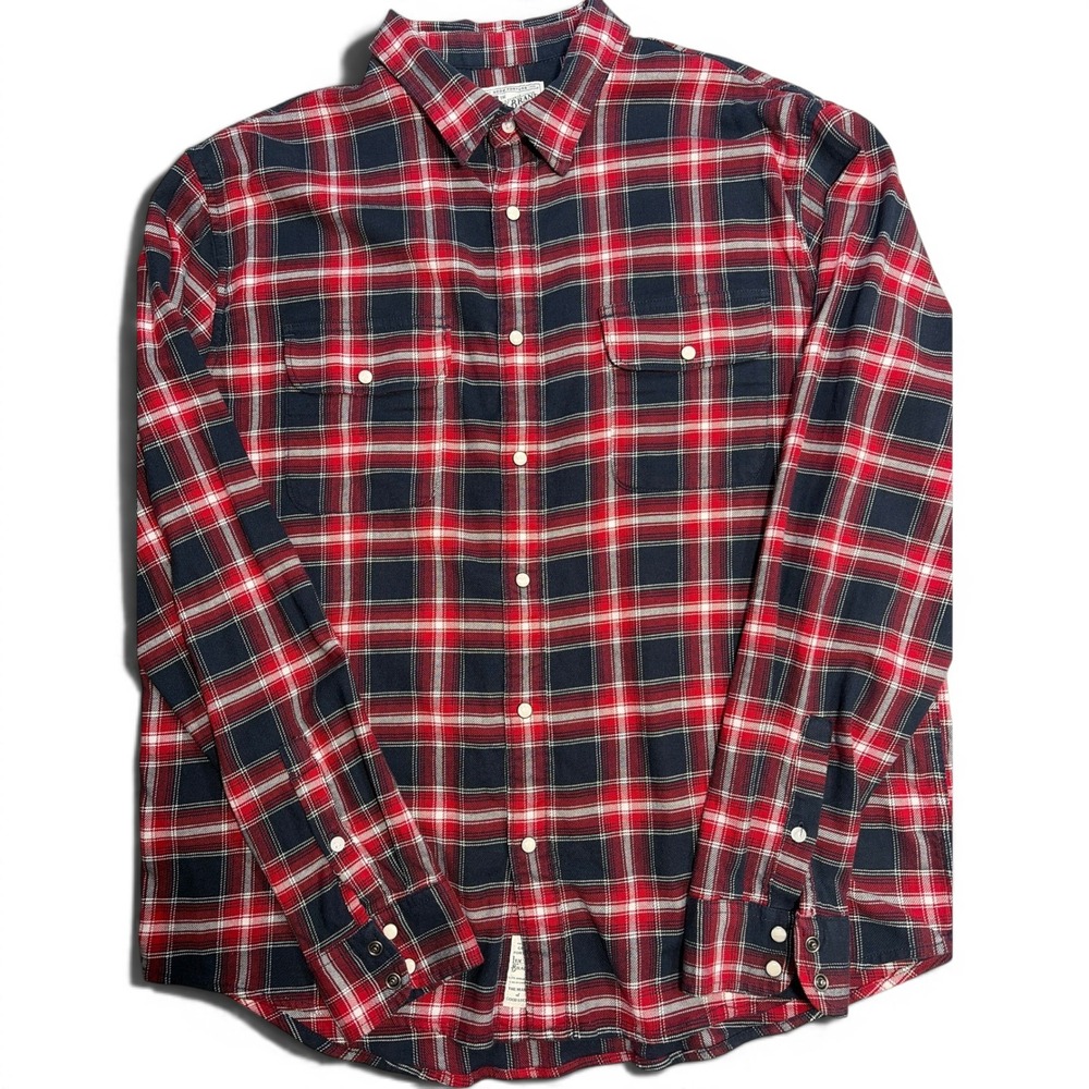 Lucky Brand Saturday Stretch Plaid Flannel Shirt Men XL Red Navy Blue pearl snap